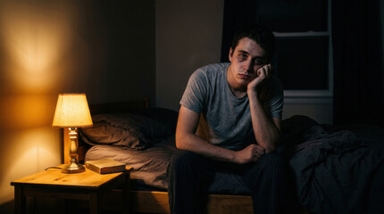 Fototapeta premium Young Man Struggling With Insomnia In Dark Bedroom Late At Night