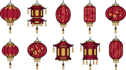 Obraz premium Red Chinese Lantern Vector Icon Set with Traditional Floral Patterns Ornaments and Golden Tassels for Lunar New Year and Spring Festival Celebration