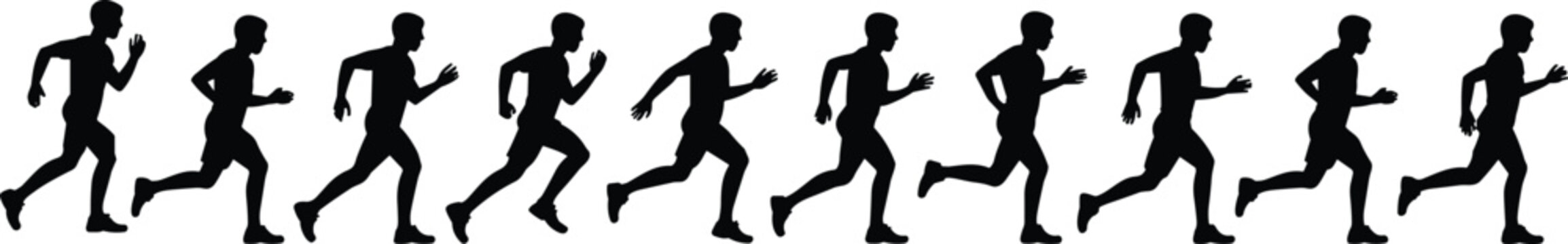 A sequence of ten black silhouettes showing a man in various stages of a running motion from start to finish on a plain white background