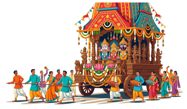 Rath Yatra Festival Decorative Chariot with Lord Jagannath Flat Vector Illustration, Indian Hindu Religious Celebration, Editable EPS