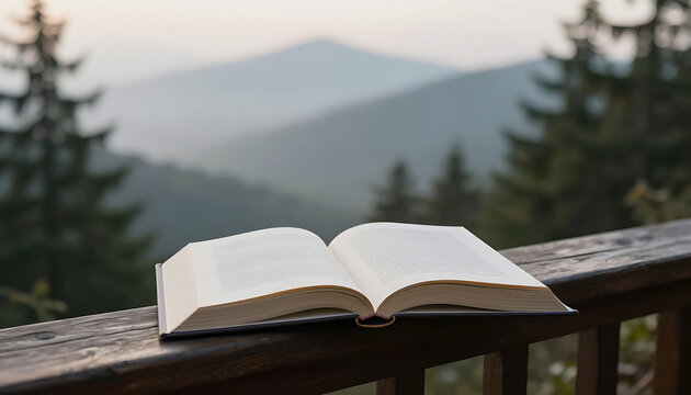 Christian scripture open in foggy mountain background at morning
