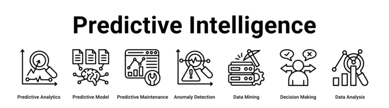 Predictive Intelligence web banner icon vector illustration concept for technology with icon of Predictive Analytics, Predictive Model, Predictive Maintenance, Anomaly Detection, Data Mining,.