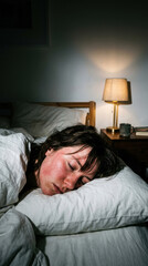 Fototapeta premium Young Woman Sleeping Peacefully In A Dark Bedroom With Soft Lamp Light