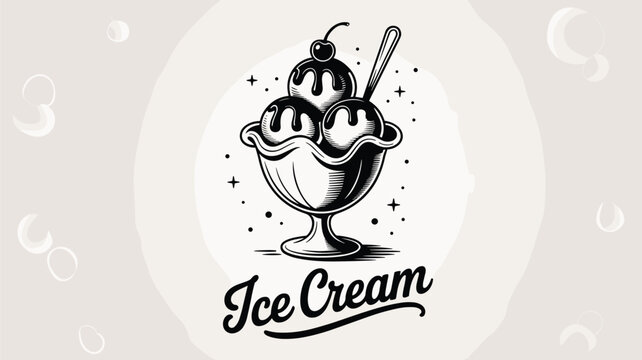 Classic vintage style illustration shows a delicious ice cream sundae topped with chocolate syrup and a cherry in a decorative glass bowl.