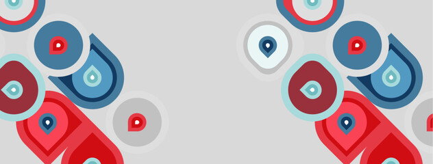 Naklejka premium Abstract geometric shapes, red, blue, gray tones. Circles, curves, overlapping forms create modern pattern. Minimalist design.