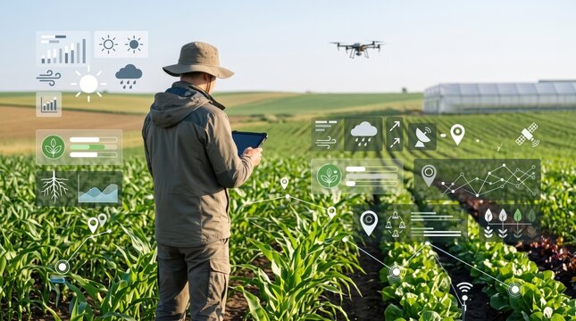 Farmer using tablet computer and drone for smart agriculture monitoring, precision farming technology with weather data and crop analysis icons