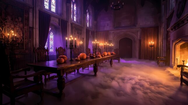 Gothic dining hall with candles and mysterious ground fog.