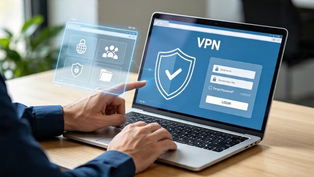 Cybersecurity concept showing VPN login screen with shield icon, secure network connection, data privacy protection, encrypted communication, digital safety, remote work security