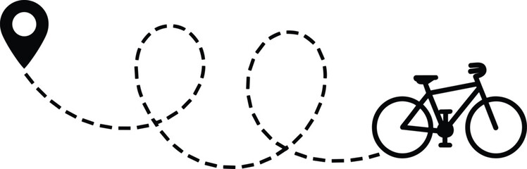 Fototapeta premium Black and white showing a bicycle silhouette connected to a location pin marker by a dashed line path on a white background
