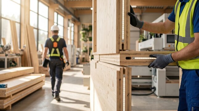 Construction worker assembling cross laminated timber CLT panels in modern sustainable wood factory, green building materials, eco-friendly architecture
