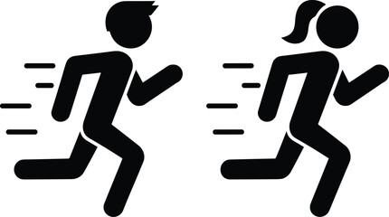 Black silhouette of a running boy and a running girl with motion lines indicating speed and movement on a plain white background