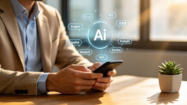 Businessman holding smartphone with AI translation app interface showing multiple languages like English and Chinese