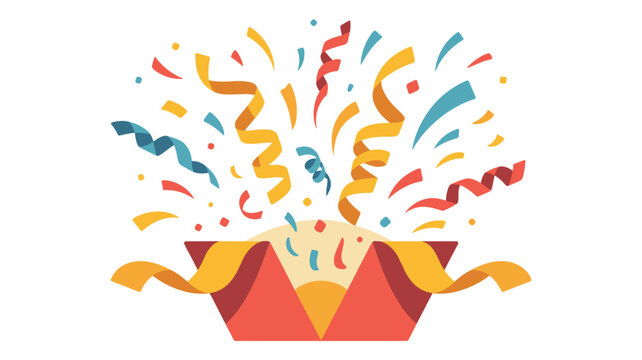 Colorful festive illustration of bright confetti and streamers exploding from an open red gift box against a white background.