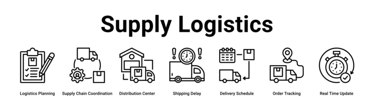Supply Logistics web banner icon vector illustration concept for business with icon of Logistics Planning, Supply Chain Coordination, Distribution Center, Shipping Delay, Delivery Schedule, Order.
