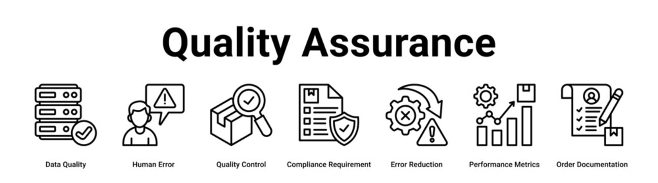 Quality Assurance web banner icon vector illustration concept for business with icon of Data Quality, Human Error, Quality Control, Compliance Requirement, Error Reduction, Performance Metrics, Order.