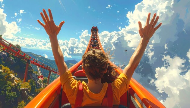 excited child riding roller coaster.