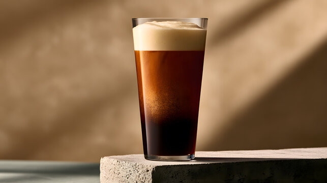 A tall glass of iced nitro cold brew coffee with a thick, creamy foam layer on top, sitting on a stone block. Minimalist gourmet coffee house concept with warm shadows and background