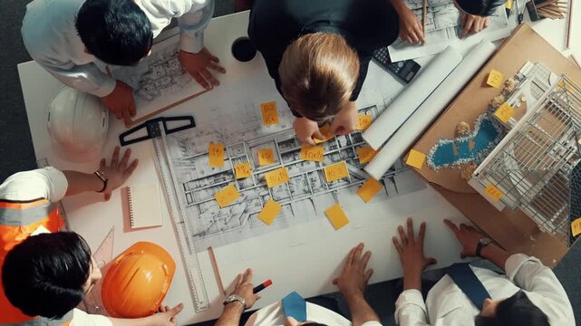 Top down view of engineer team shaking hands while looking at project plan. Aerial view of group of smart interior designer working together and planning for engineering construction. Alimentation.