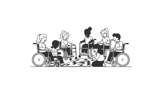 Diverse group in wheelchairs playing.