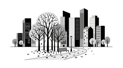 Obraz premium Monochrome City Park Scene with Autumn Leaves and Bench