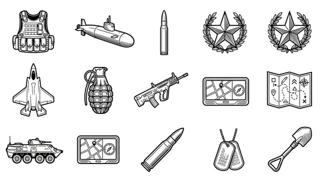 Military and tactical icons for map creation armor, weapons, and navigational tools