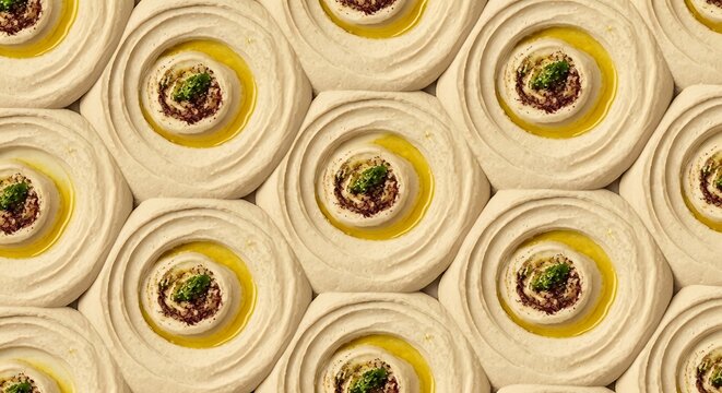 Hexagonal Hummus Pattern with Olive Oil and Spices