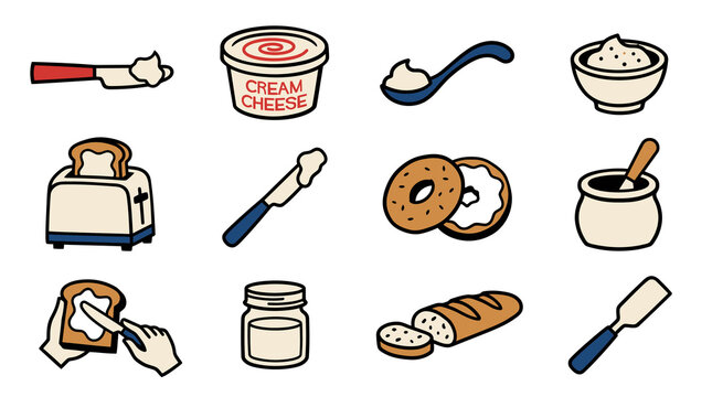 Breakfast bakery and spreads vector icon set featuring bagels, toast, cream cheese, and butter