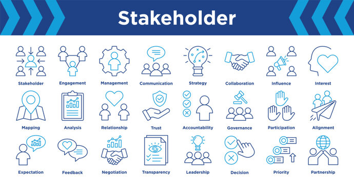 stakeholder icon collection set. Containing Engagement, Management, Communication, Strategy, Collaboration, Influence and Interest. vector editable.