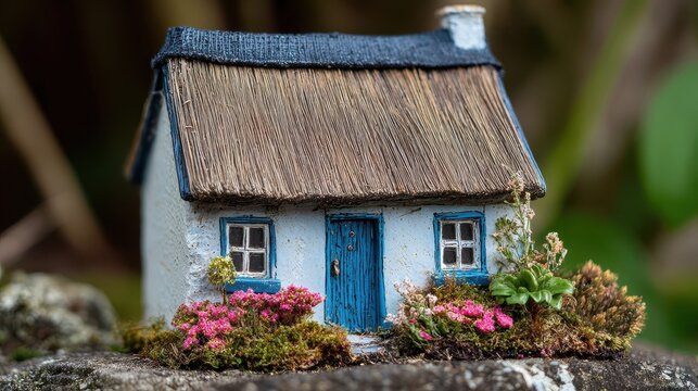 Detailed miniature cottage with thatched roof.