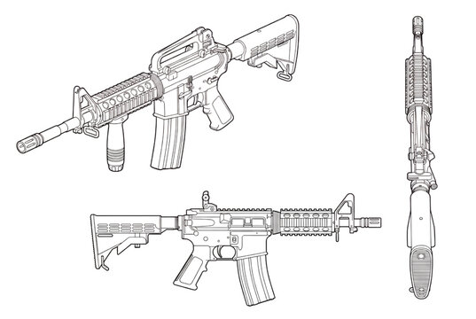 Assault Rifle Line Art Vector Set with Tactical Firearm Outline Views
