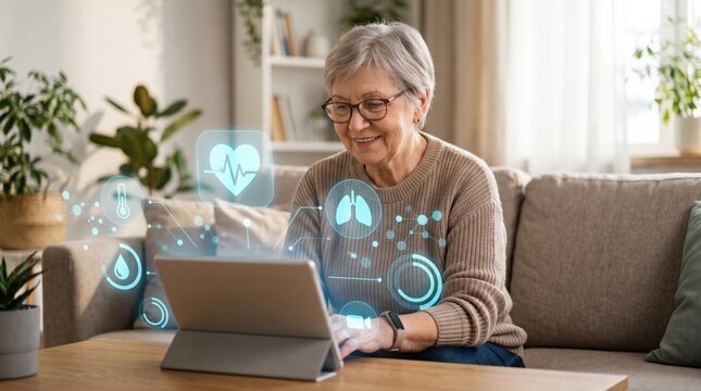 Senior woman using tablet for telemedicine appointment at home, elderly healthcare monitoring, smart health app icons showing heart rate and lungs, wellness concept