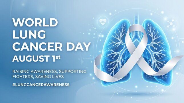 World Lung Cancer Day banner with glowing human lungs and a pink awareness ribbon on a blue background