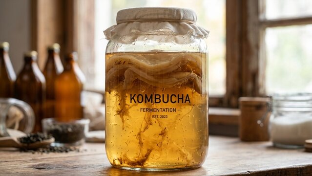 Kombucha fermentation jar with scoby fermenting tea on rustic kitchen wooden table with natural sunlight