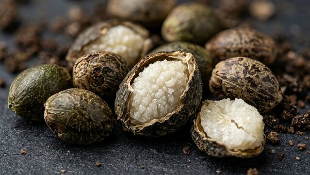 Organic hemp seeds resting on dark textured stone showing white hearts in macro detail