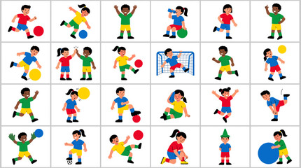 Fototapeta premium A vibrant collection of diverse children enthusiastically playing soccer and engaging in various active sports and games.
