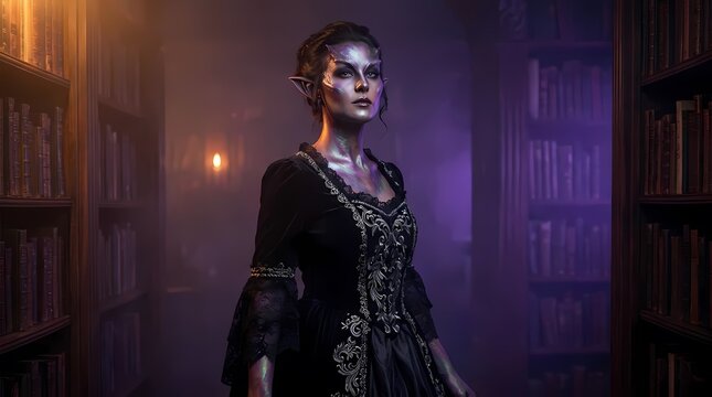 Gothic woman in dark library with fantasy makeup.