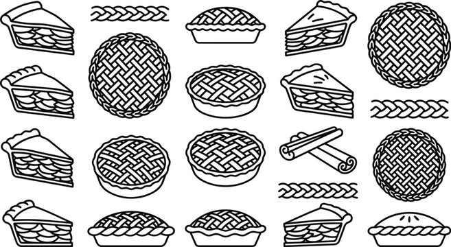 Vintage homemade pie collection featuring apple pie slices whole pastries and cinnamon sticks in detailed outline vector illustration set