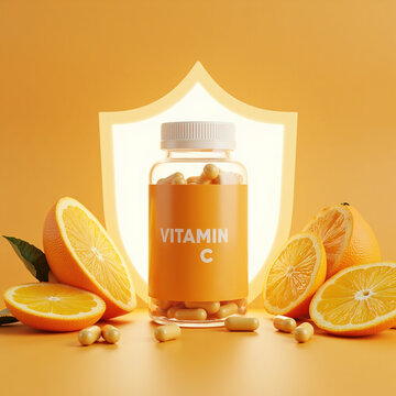 Vitamin C dietary supplement bottle with yellow capsules and fresh sliced oranges in front of a glowing immune system shield icon background.