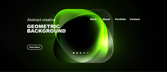 Naklejka premium Dark background features vibrant green geometric shapes. Website header includes navigation options, plus read more button. Modern design.