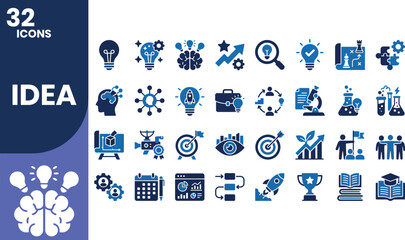 Professional two-tone blue and navy idea solid icon set featuring innovation, brainstorming, creativity, leadership, startup concepts, strategy, research, and business growth symbols. © Mst Habiba