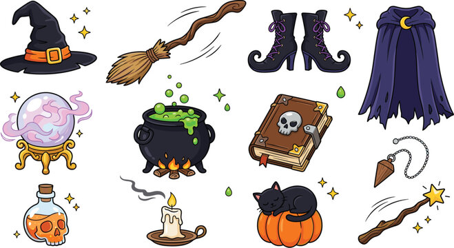 Cute Halloween witch magic collection featuring spooky potion cauldron crystal ball spellbook and enchanted accessories vector illustration set