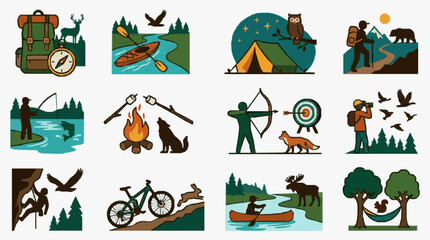 Fototapeta premium Clean Flat Set of 12 Outdoor Adventure and Camping Activities with Silhouettes and Nature Elements
