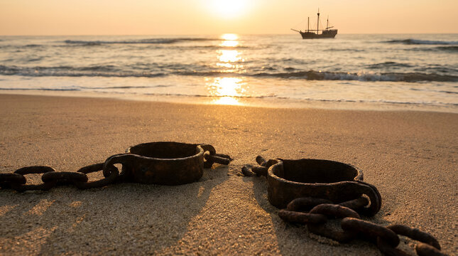 Broken shackles on sandy beach during golden hour sunset.