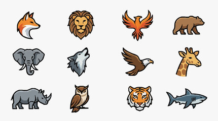 Obraz premium Clean Icons of Various Animals and Mythical Creatures in Flat Design Style with high quality professional line art symbols for modern creative design and digital branding projects