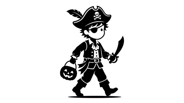 Trick or Treat Kids Pirate, Halloween, Cartoon Character, Black Vector Illustration, Kids, Monsters Vector