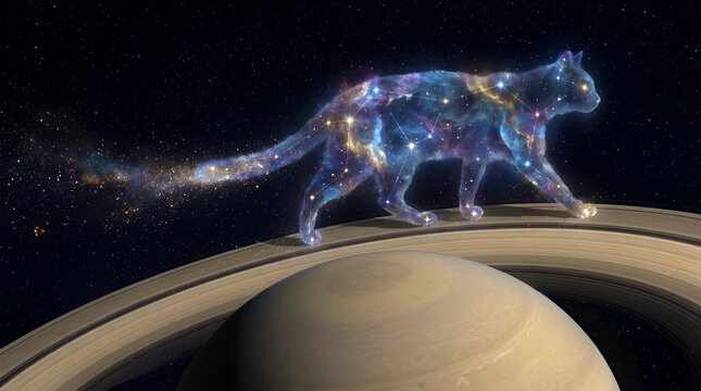 Celestial cat silhouette walking on Saturn's planet rings.