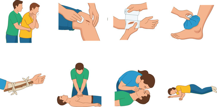 First Aid Procedure Illustrations Showing CPR Heimlich Bandaging and Recovery Position