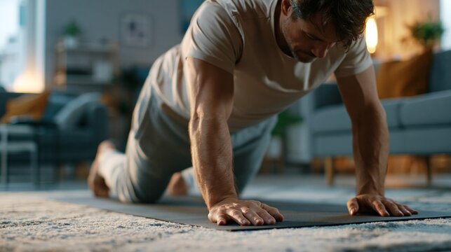Man exercising at home on a yoga mat doing push-ups, building strength and training