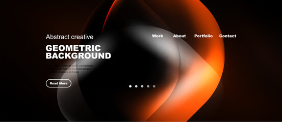 Naklejka premium Dark background features vibrant orange, white shapes. Text includes geometric background, navigation options present. Minimalist design.