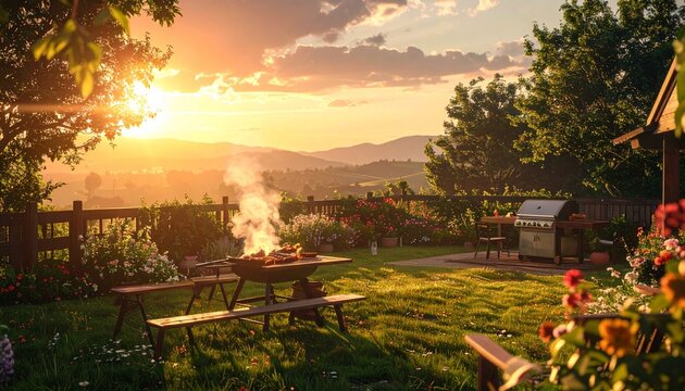 Idyllic backyard scene at sunset with grilling, picnic table, and scenic views